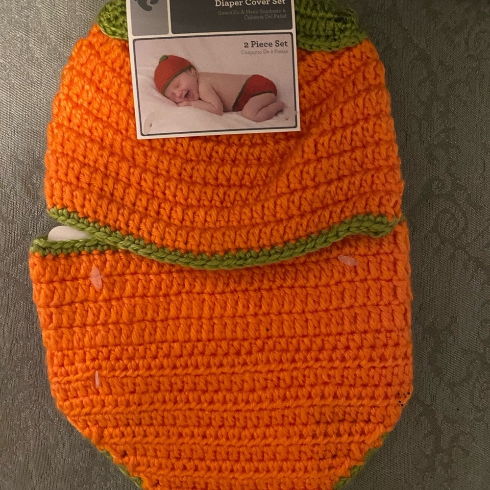 Hand Crocheted Pumpkin Hat & Diaper Cover Set